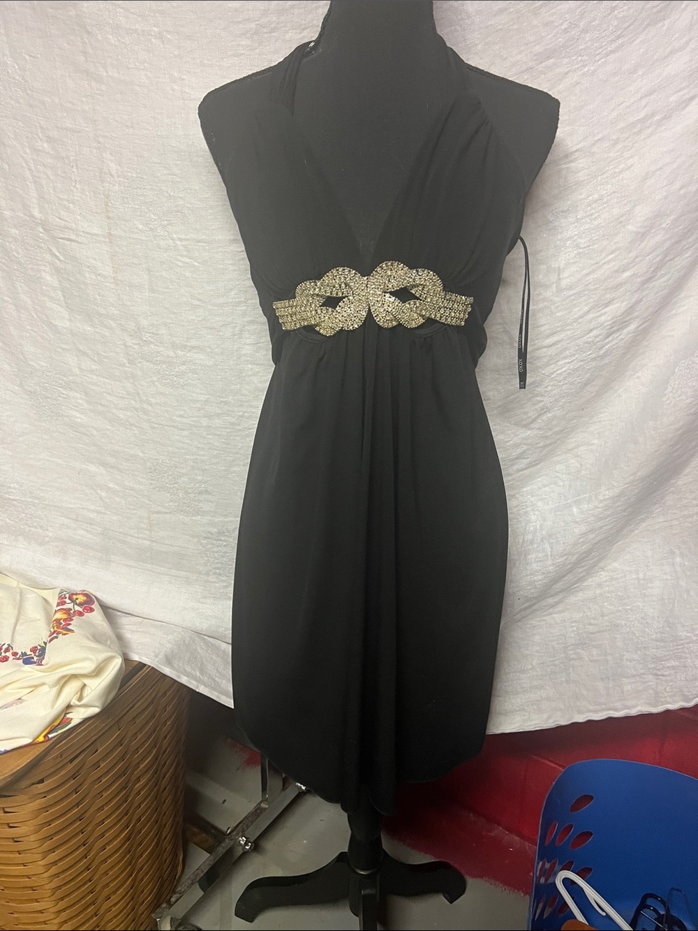 Vintage Black Halter Midi Dress with silver Waist Embellishment M